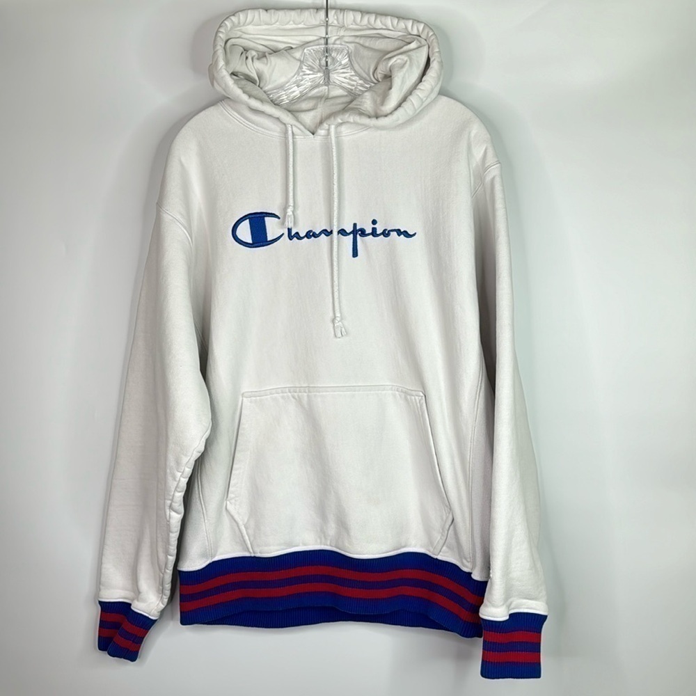 Vintage Champion Reverse Weave White Blue Striped Hooded Sweatshirt Large